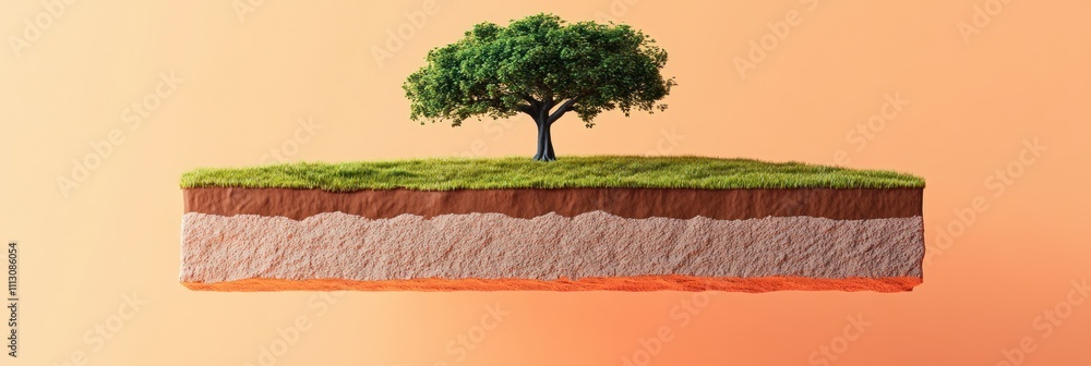 Poster a floating island with a tree, showcasing a cross-section of soil layers beneath.