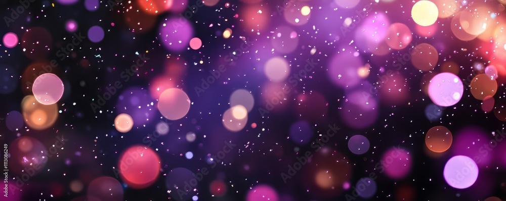 Poster on a dark purple backdrop, colorful confetti is thrown everywhere. sparkles fly. the background is e