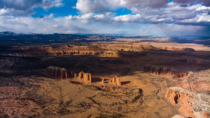 MARCH 2024, CAPITOL REEF NATIONAL PARK, UTAH - Upper Cathedral Overlook of Capitol Reef National Park with red rock and shadows across valley