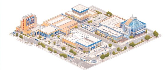 Fototapeta premium A detailed isometric illustration of a commercial shopping complex with various buildings and parking.