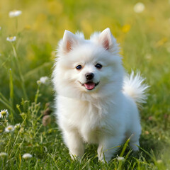 Cute Spitz puppy in the meadow