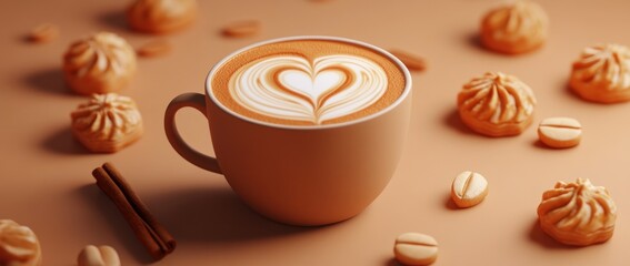 A latte art heart design atop a cup, surrounded by snacks and coffee beans.