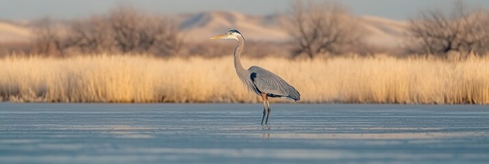 Obraz premium A great blue heron stands gracefully in a serene wetland landscape.