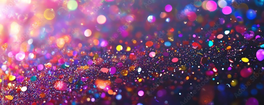 Poster intense colorful confetti on a dark purple banner. flowing sparkles. abstract template. blurred patt