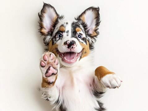 minimal photostock of a  The puppy of Australian Shepherd is lying on his back giving a paw , isolated on white background,  , copy space, copy space for text,