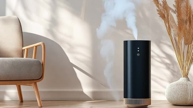 A modern, sleek black convector heater with a gold base sits in a stylish living room.