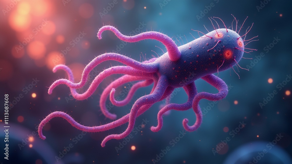 Poster the image is a 3d rendering of a pink octopus-like creature with long tentacles. the creature appear