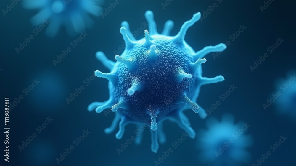 Poster the image is a close-up of a blue-colored virus or bacteria. the virus appears to be spherical in sh
