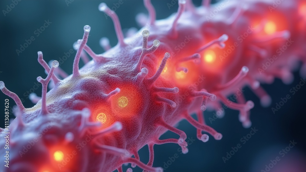 Poster the image is a close-up of a group of pink-colored viruses or bacteria. the viruses appear to be elo