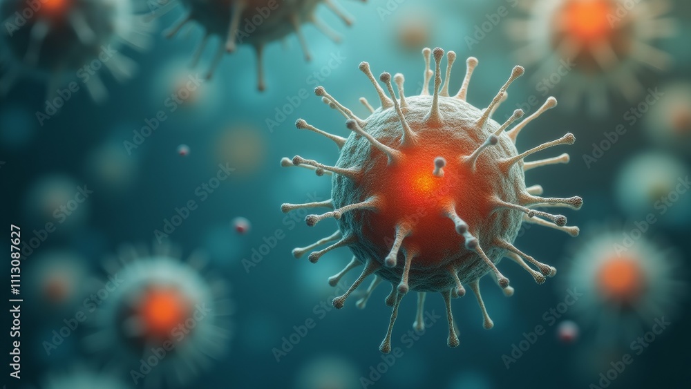 Poster the image is a close-up of a group of orange-colored viruses. the viruses are spherical in shape and
