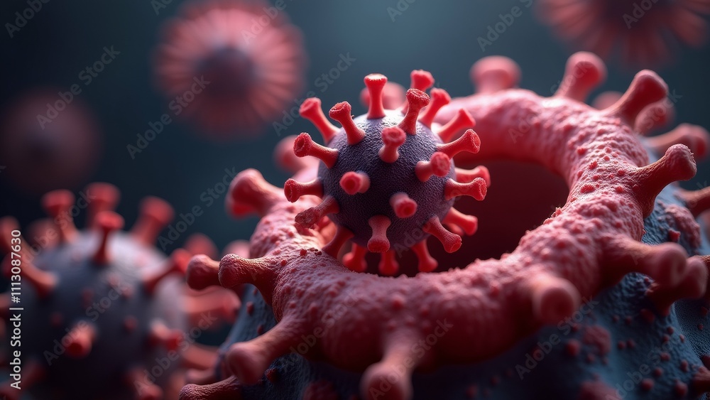 Poster the image is a close-up of a group of red coronavirus particles. the particles are arranged in a cha