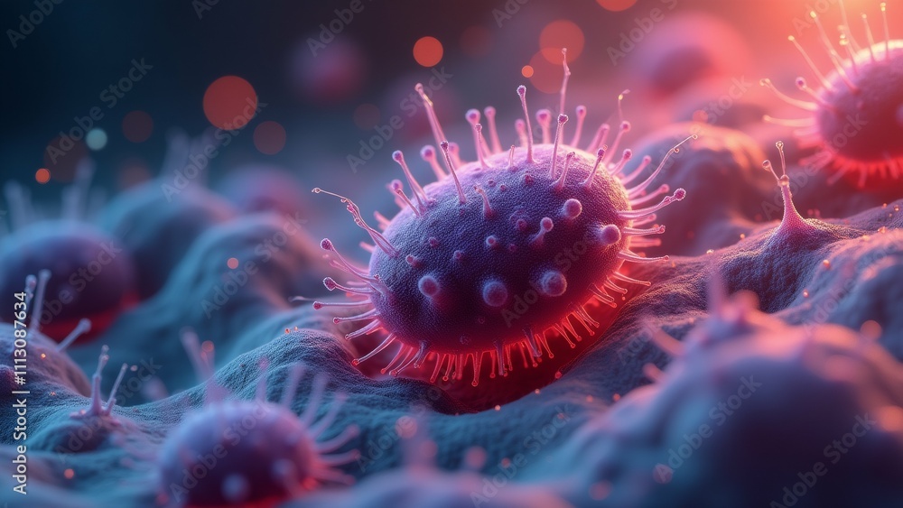 Poster the image is a close-up of a group of red-colored viruses or bacteria. the viruses appear to be sphe