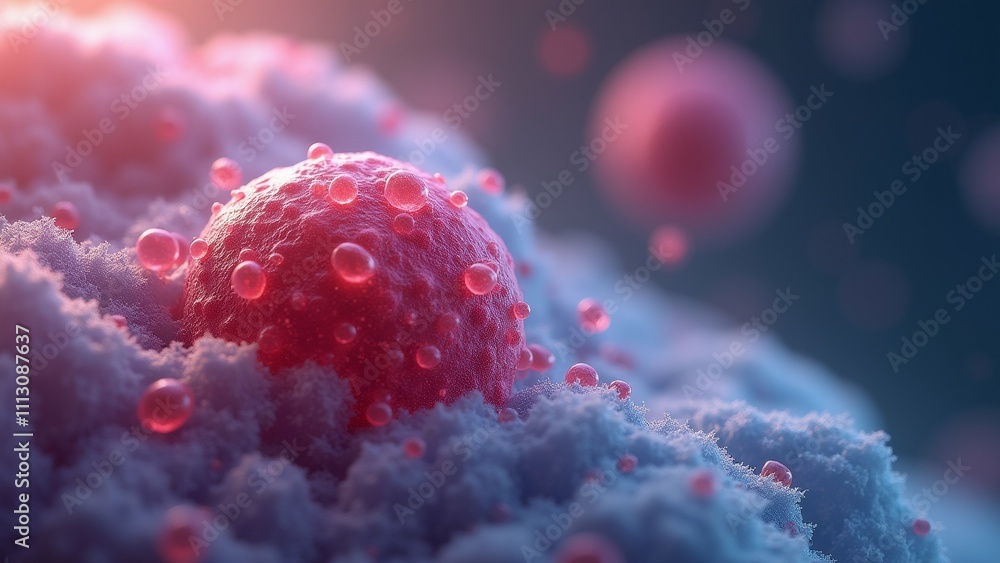 Poster the image is a close-up of a group of red spheres on a blue background. the spheres are spherical in