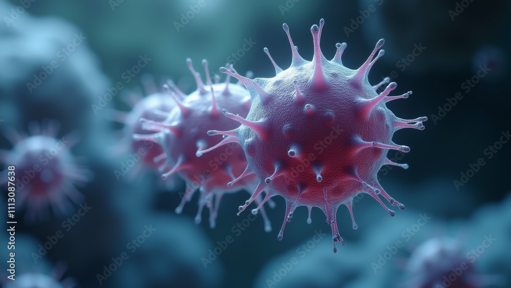 Poster the image is a close-up of a group of pink-colored viruses or bacteria. the viruses are spherical in