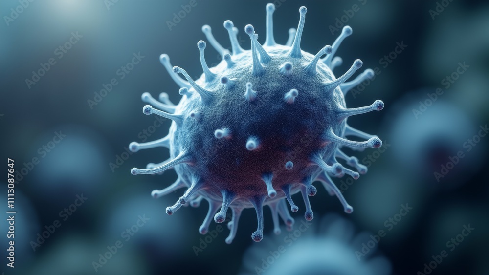 Poster the image is a close-up of a microscopic view of a virus. the virus appears to be spherical in shape
