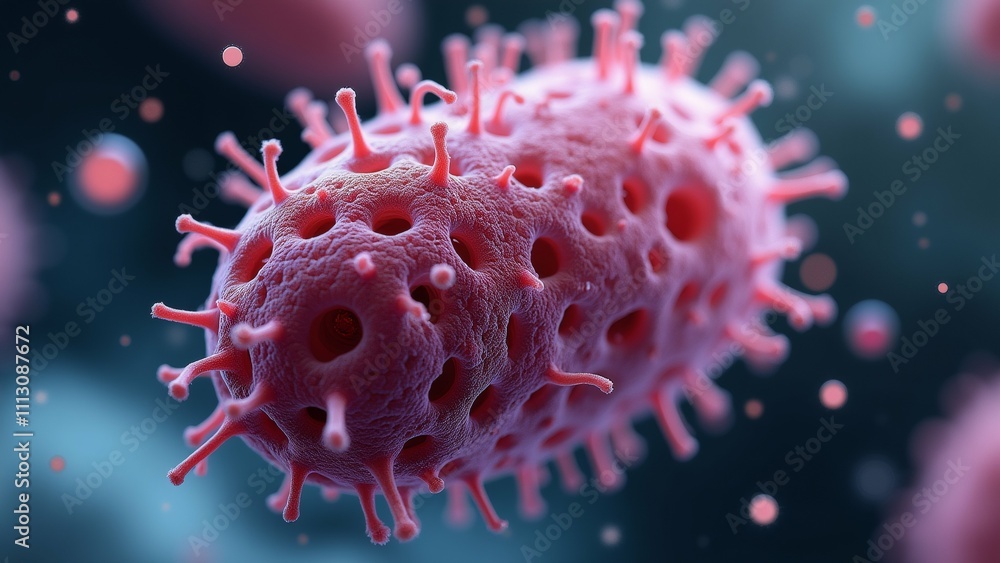 Poster the image is a close-up of a pink-colored virus or bacteria. the virus appears to be spherical in sh