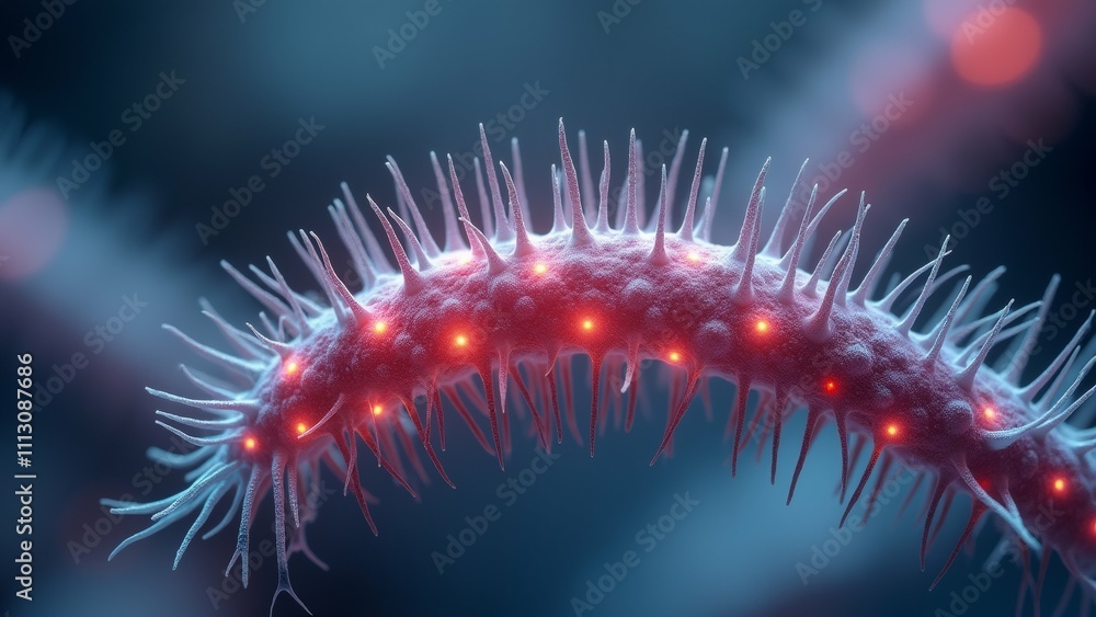 Poster the image is a close-up of a red-colored, cylindrical object with spikes protruding from its surface