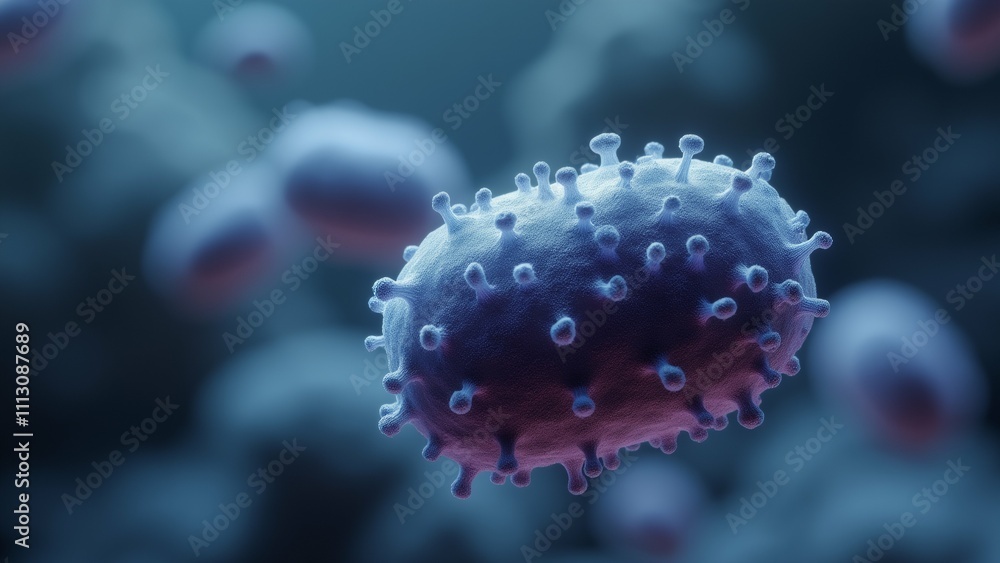 Poster the image is a close-up of a spherical object, which appears to be a virus or a type of bacteria. th