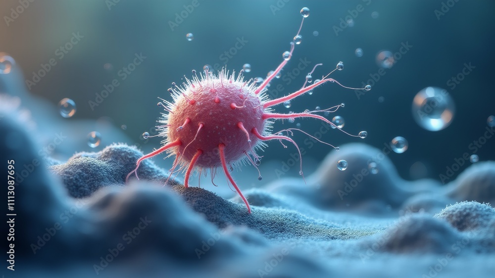 Poster the image is a close-up of a red-colored virus or bacteria. the virus appears to be in the center of