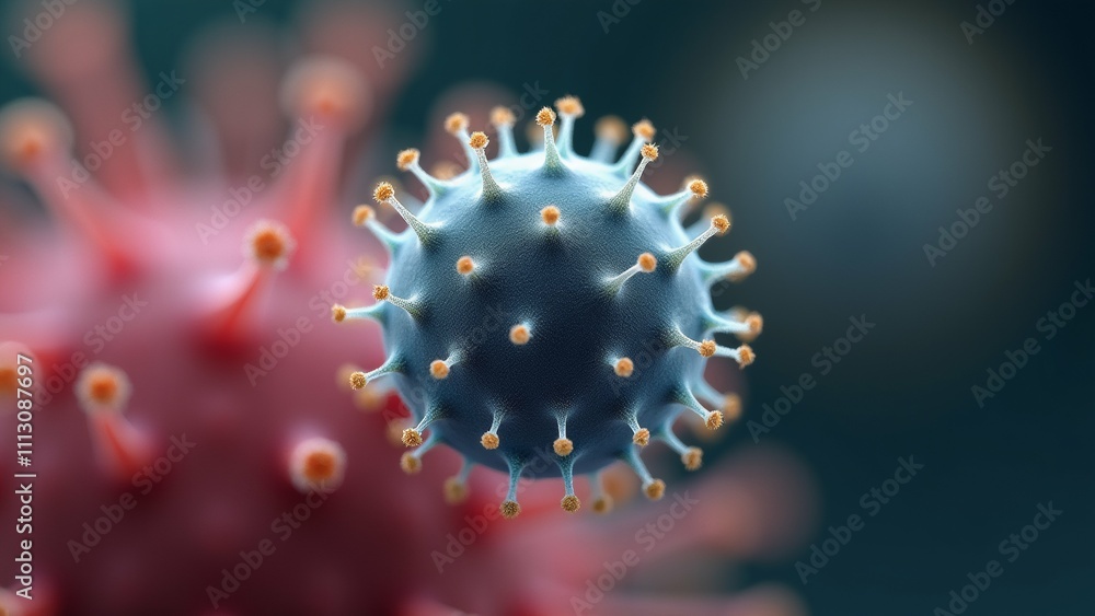 Poster the image is a close-up of a virus, specifically a coronavirus. the virus appears to be spherical in