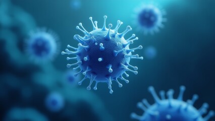 The image is a close-up of a blue-colored virus, which appears to be a type of coronavirus. The virus is spherical in shape and has multiple spikes protruding from its surface.