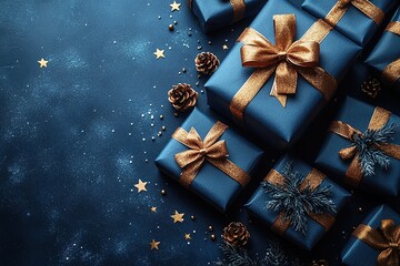 Shining Holiday Magic: Overhead photo of twinkling wrapped gifts, ornaments