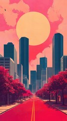Obraz premium Bright city street view illustration. Modern skyline with giant skyscrapers. Bold colors evoke retro-futuristic style. Pink street, trees with pink foliage create vibrant scene. Sky vivid pink, pale
