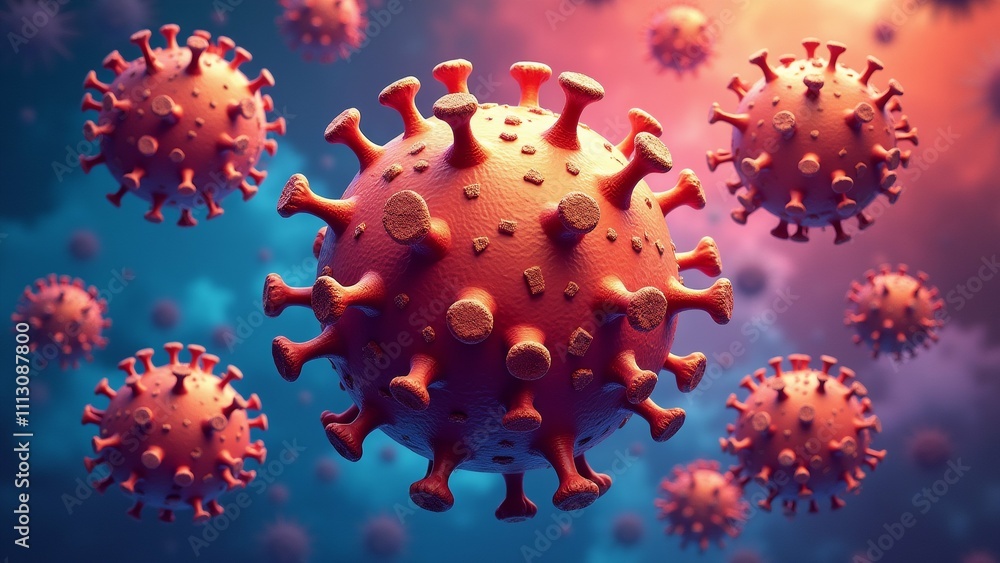 Poster the image shows a group of red coronavirus particles floating in the air. the particles are spherica
