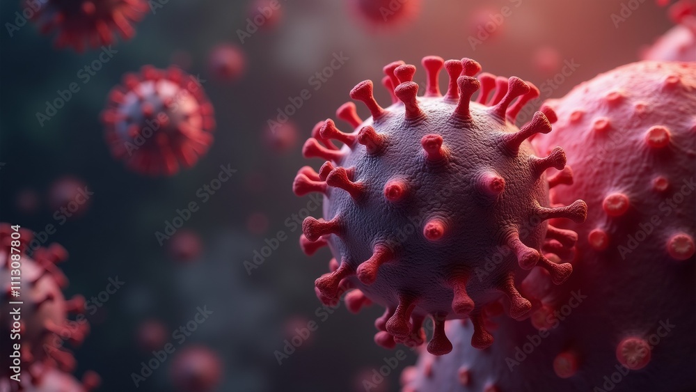 Poster the image shows a group of red-colored viruses, which appear to be spherical in shape and have spike
