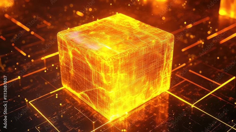 Poster glowing cube with neon lines in digital cyber space environment