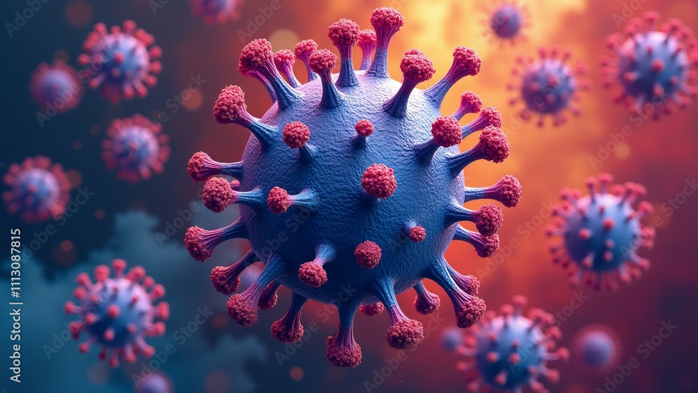 Poster the image shows a group of red and blue viruses, which appear to be spherical in shape. the viruses 