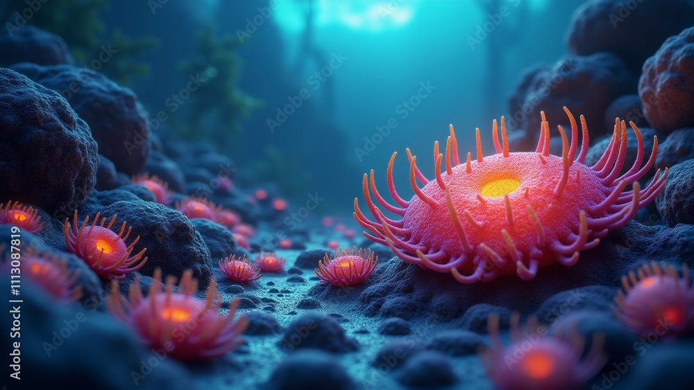 Poster the image is an underwater scene with a group of coral reefs and rocks. the background is dark and t