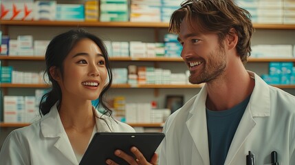 Obraz premium Pharmacists Collaborate Using Digital Tablet In Pharmacy
