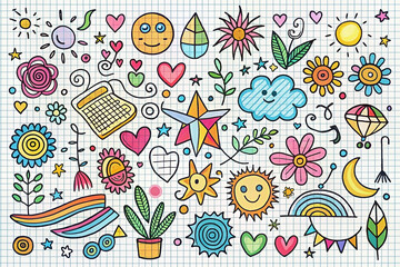 Colorful hand-drawn doodle collection on notebook paper background, including flowers, hearts, sun, stars, rainbows, and more.