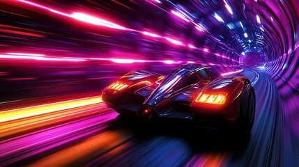 Futuristic Sports Car Speeds Through Neon Tunnel
