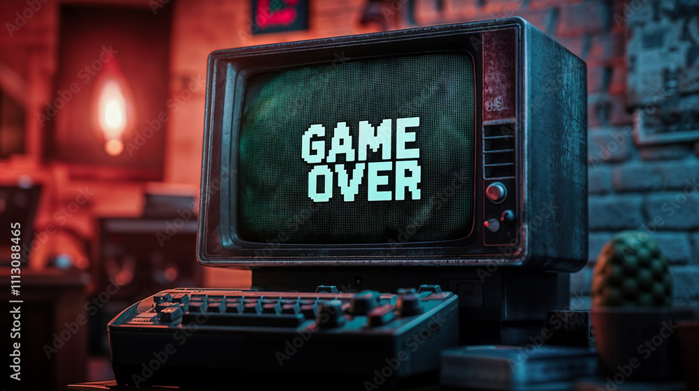 Poster background with an old computer. on its screen is written the text 'game over'. nostalgic concept