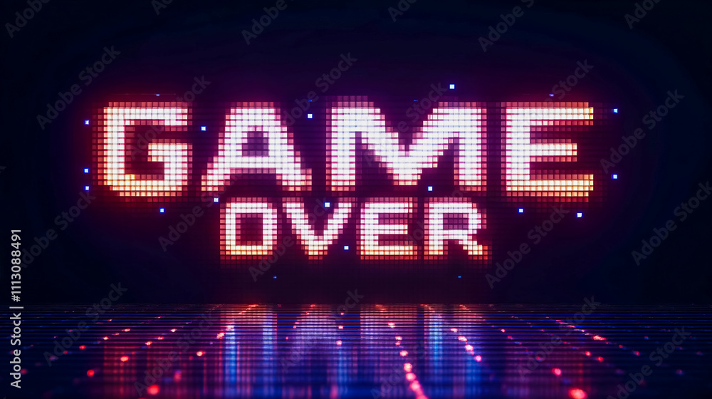 Poster a pixelated sign that reads game over on a dark background. the sign is illuminated.