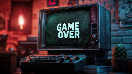Background with an old computer. On its screen is written the text 'GAME OVER'. Nostalgic concept