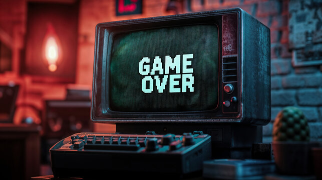 Background with an old computer. On its screen is written the text 'GAME OVER'. Nostalgic concept