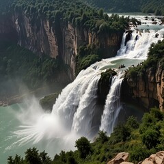 Fototapeta premium Majestic waterfall cascading down rocky cliffs into a turquoise pool.
