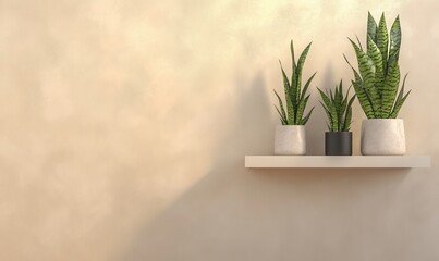 Positioned near a beige wall, a shelving unit showcases snake plants for a natural aesthetic