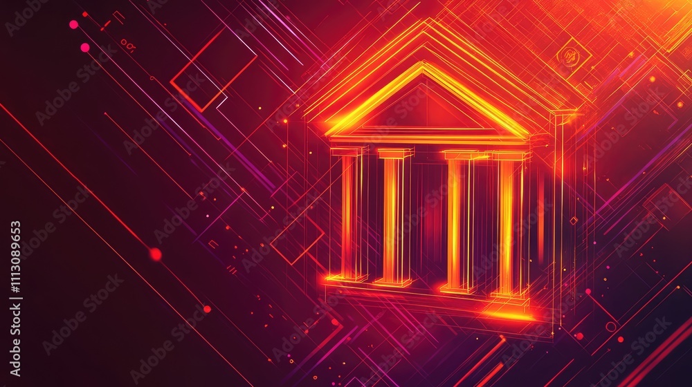 Poster neon outline of classical building with abstract digital background