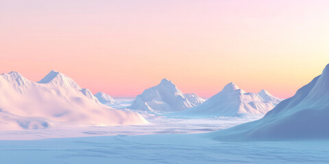 Fototapeta premium A serene Arctic landscape with a frozen tundra, icy peaks, and a soft pink and blue gradient sky at sunset. The tranquil setting highlights the beauty of polar regions.