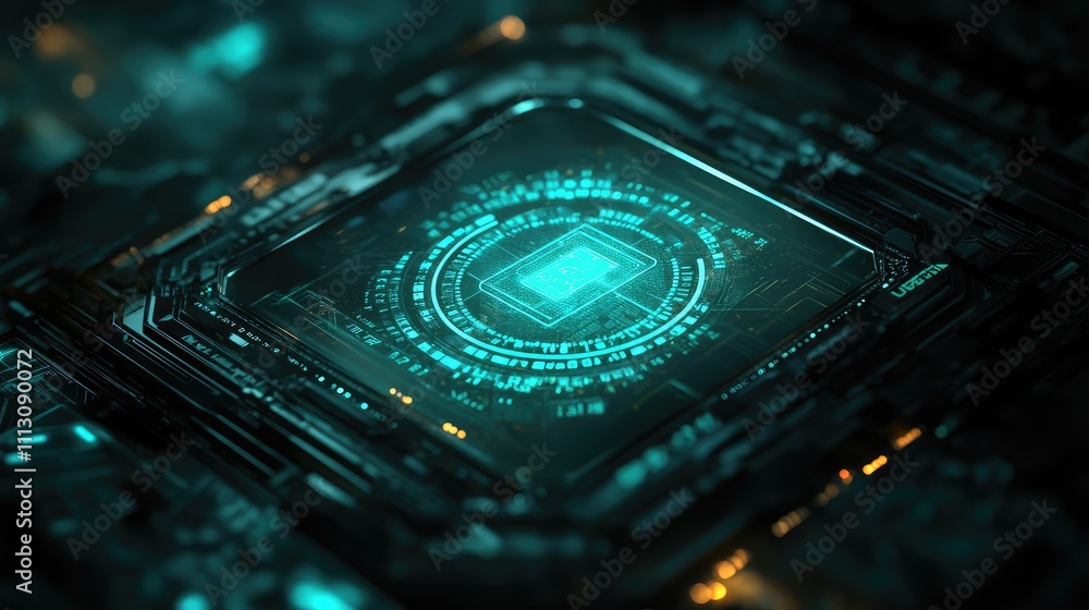 Poster futuristic circuit board with blue glow and embedded processor