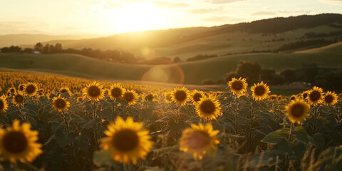 Fototapeta premium A tranquil sunset over a rolling field of sunflowers, with the golden sun casting warm light on the vibrant blooms. The peaceful and picturesque scene feels full of life.