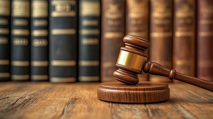 Gavel rests on wood near law books