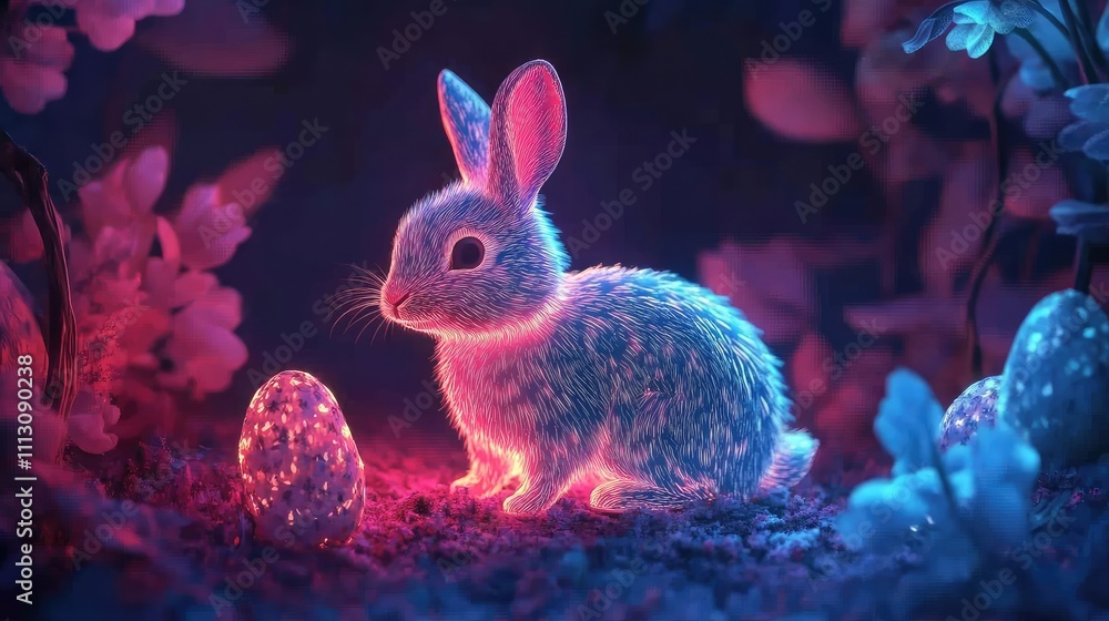 Poster ethereal rabbit with glowing fur and colorful egg in fantasy setting