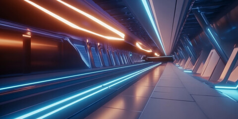 A futuristic high-speed train station with sleek design, glowing platforms, and advanced technology on display. The dynamic and innovative setting captures progress.