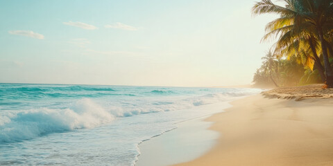 A serene tropical beach with soft white sand, turquoise waves gently lapping at the shore, and palm trees swaying in the breeze. The idyllic setting feels like paradise.