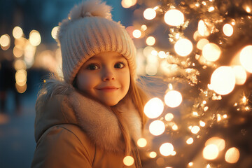 暖かな笑顔と冬の光：キラキラ輝くイルミネーションと可愛らしい少女